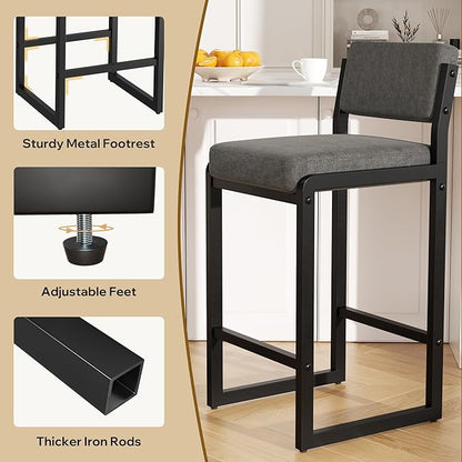 Bar Stools, Fabric Counter Height Bar Stools with High Back and Metal Legs, Upholstered Bar Chairs, 26" Modern Barstools for Kitchen Island, Grey