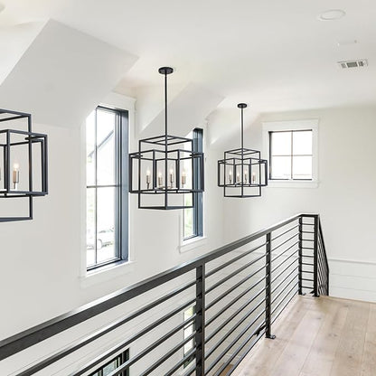 4-Light Farmhouse Chandeliers for Entryway, Industrial Foyer Lighting Fixtures, Foyer Chandeliers for High Ceilings, Modern Pendant Lights for Staircase Dining Room Kitchen Island, Black & Silver