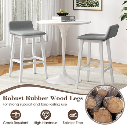 COSTWAY Wooden Bar Stools Set of 2, 29-inch Height Upholstered Padded Seat, Low Backrest, Footrest, Rubber Wood Legs, Armless Bar Chairs for Kitchen Counter Island, Dining Room, White+Gray