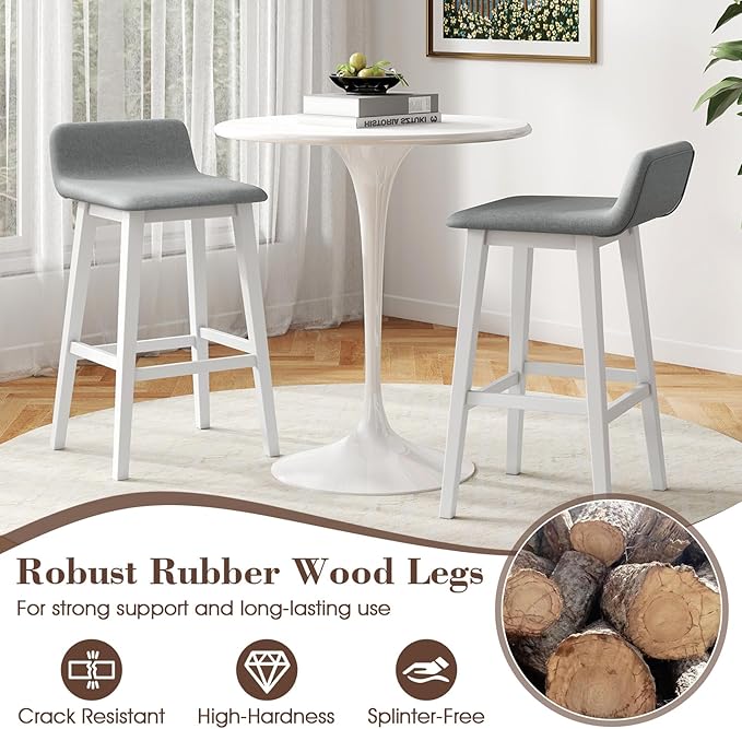 COSTWAY Wooden Bar Stools Set of 4, 29-inch Height Upholstered Padded Seat, Low Backrest, Footrest, Rubber Wood Legs, Armless Bar Chairs for Kitchen Counter Island, Dining Room, White+Gray