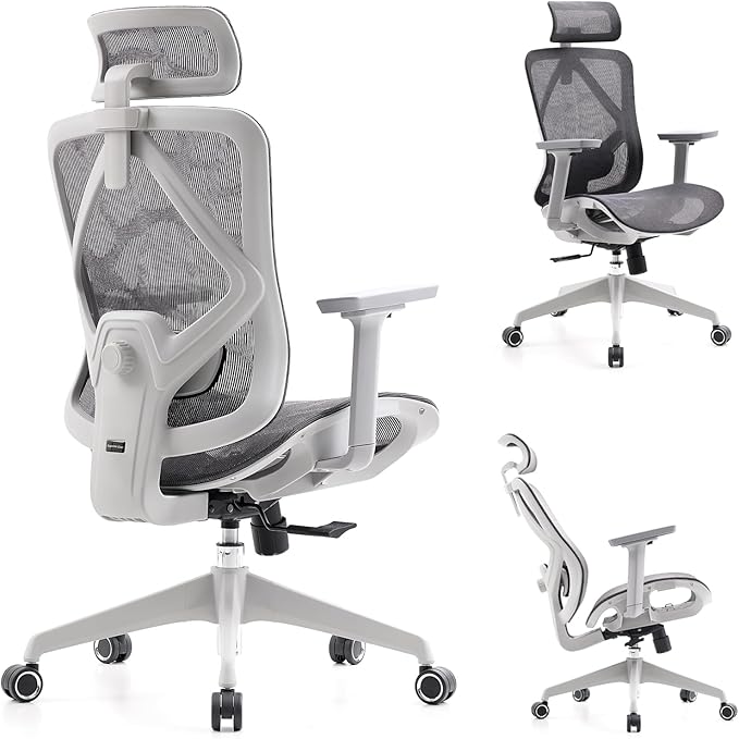 Ergonomic Office Chair with Lumbar Support, 3D Adjustable Armrest, Mesh Home Office Desk Chairs, Swivel Computer Chair, High Back Reclining Executive Office Chair,400lbs Capacity (Grey)