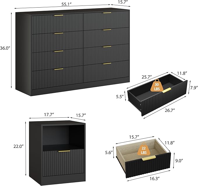 3-Piece Modern Bedroom Furniture Set, Wide 8-Drawer Dresser & 1-Drawer Nightstands Set of 2, Natural Wood Dresser and Nightstand Sets for Bedroom, Hallway, Black