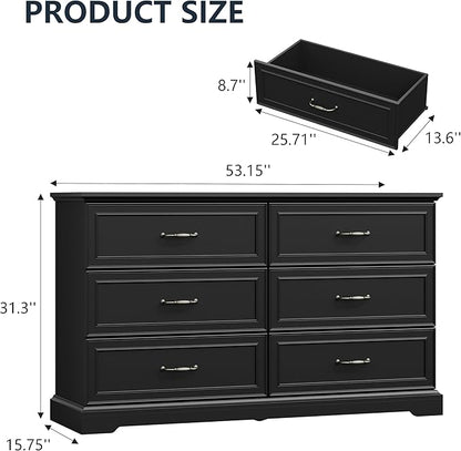 6 Drawer Dresser for Bedroom, 53" Wide Wooden Chest of Drawers, Rustic Farmhouse Dresser with Large Drawers & Metal Handles, Modern Storage Organizer for Closet, Living Room, Hallway, Black