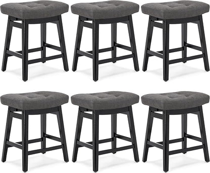Counter Height Bar Stools Set of 6 for Kitchen Counter Farmhouse Modern Barstools with Faux Leather Upholstered Backless Seat and Solid Wood Legs 24 inch Bar Chairs, Grey + Black