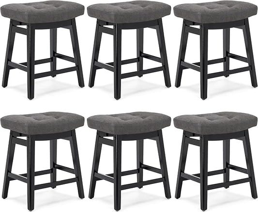 Counter Height Bar Stools Set of 6 for Kitchen Counter Farmhouse Modern Barstools with Faux Leather Upholstered Backless Seat and Solid Wood Legs 24 inch Bar Chairs, Grey + Black