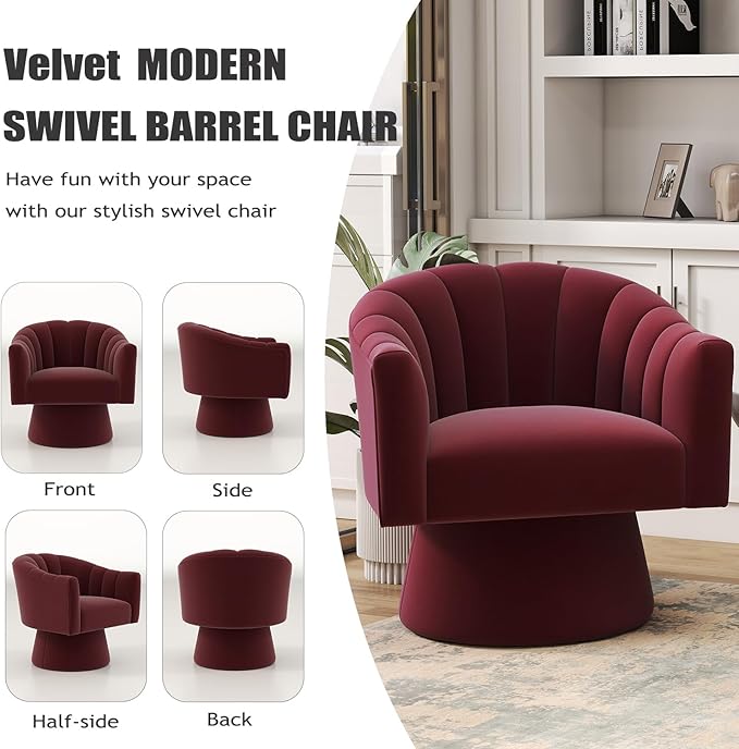 Swivel Accent Chair Set of 2, Upholstered Velvet 360° Swivel Barrel Chair for Living Room Overstuffed Bouncle Reading Chair Round Armchair for Bedroom,Vanity,Office (Red)