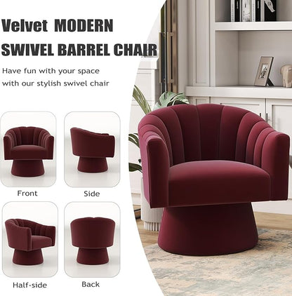 Swivel Accent Chair,Upholstered Velvet 360° Swivel Barrel Chair for Living Room Overstuffed Bouncle Reading Chair Round Armchair for Bedroom,Vanity,Office(Red)