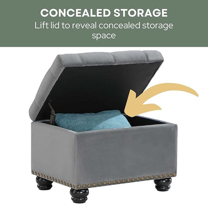 Convenience Concepts Designs4Comfort 5th Avenue Storage Ottoman 24" - Contemporary Foot Stool and Seat with Hinged Lid for Living Room, Dining Room, Office, Den, Gray Velvet