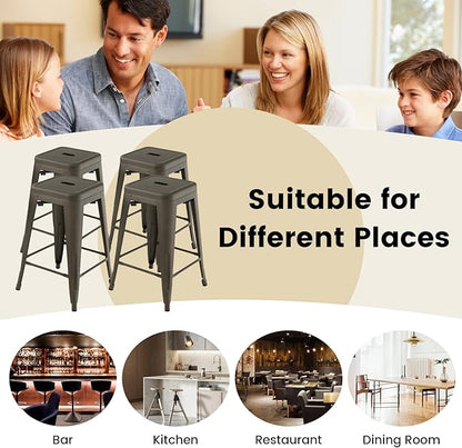 COSTWAY Bar Stools Set of 4, 24” Stackable Metal Stools with Square Seat & Handing Hole, X-shaped Reinforced Design, Comfortable Footrest, Backless Bar Chairs for Kitchen, Dining Room, Pub (Gun, 24‘’)