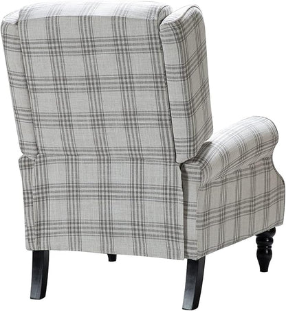 HULALA HOME Upholstered Wingback Recliner Chair, Small Adjustable Footrest Push Back Single Reclining Sofa, Mid Century Modern Lounge Armchair for Living Room, Bedroom, Reading/Plaid Grey