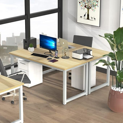 NSdirect 63" Computer Desk,Large Home Office Desk Wide Workstation 1 inch Thicker Tabletop for Writing,Games and Home Work PC Desk Modern Finish Wood Board and Sturdy Steel Legs,Oak+White