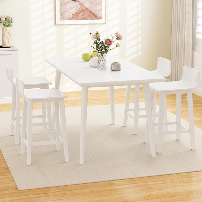 COSTWAY Solid Wood Bar Stools Set of 2, 24.5-inch Counter Height Chairs with Low Back and Footrest, Farmhouse Wooden Armless barstools for Kitchen Island, Dining Room, Cafe, Breakfast, White