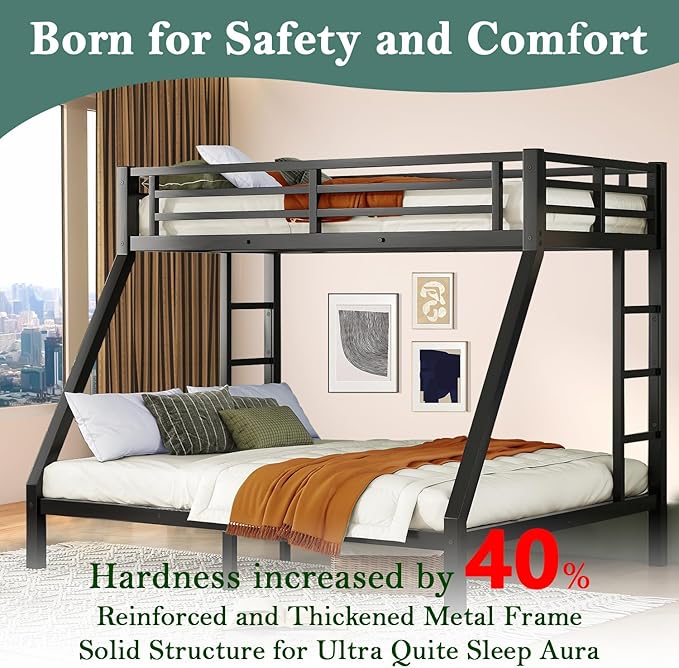 Bunk Beds Twin XL Over Queen, Heavy Duty Bunk Beds with Bottom Space & Guardrail Metal Bunk Bed Frame for Adults Teens Dorm Bedroom Guest Room, No Box Spring Needed（Black）