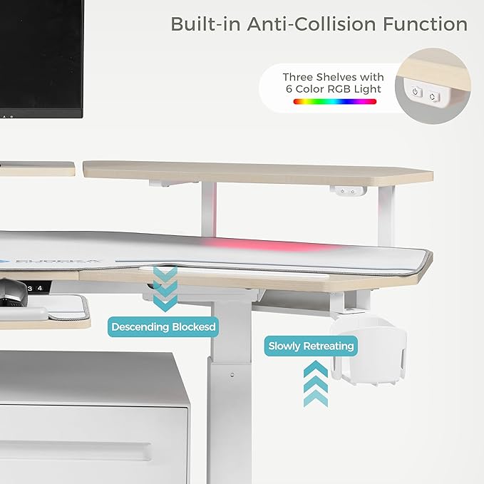 EUREKA ERGONOMIC Standing Desk with Keyboard Tray, Large Music Studio Gaming Desk, Wing Shaped Sit Stand Table 72'', LED Convertible Shelves, Dual Motor&Slot, Maple