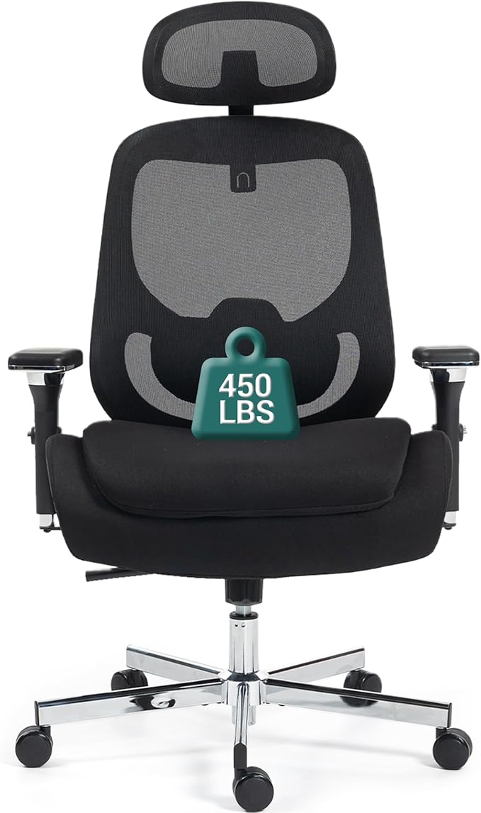 450 LBS Big and Tall Office Chair, Heavy Duty Executive Chair w/4D Arms, Ergonomic Computer Home Desk Chair, Swivel Mesh Chair w/2D Lumbar Support, Adjustable Headrest, Tilt Lock-Black