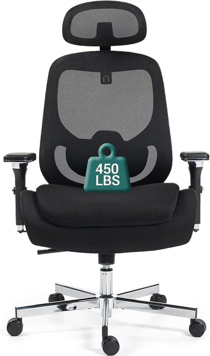 450 LBS Big and Tall Office Chair, Heavy Duty Executive Chair w/4D Arms, Ergonomic Computer Home Desk Chair, Swivel Mesh Chair w/2D Lumbar Support, Adjustable Headrest, Tilt Lock-Black