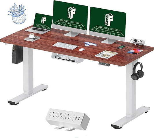 FLEXISPOT EN2 Whole-Piece Standing Desk with Clamp Power Strip, 60 x 24 Electric Stand Up Height Adjustable Desk with Cable Management (White Frame + 60" Mahogany Desktop, 2 Packages)