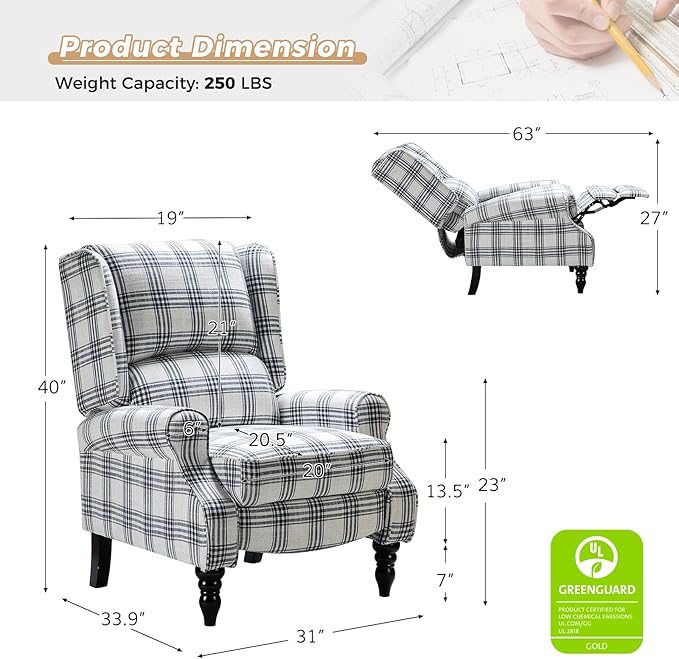 HULALA HOME Upholstered Wingback Recliner Chair, Small Adjustable Footrest Push Back Single Reclining Sofa, Mid Century Modern Lounge Armchair for Living Room, Bedroom, Reading/Plaid Black