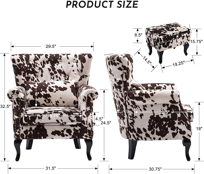Accent Reading Arm Chairs with Ottoman for Living Room Bedroom, Midcentury Modern Comfy Corner Sofa Chair, Wingback Waiting Room Club Chair with Button Tufted Back &Lumbar Pillow, Fabric Cow