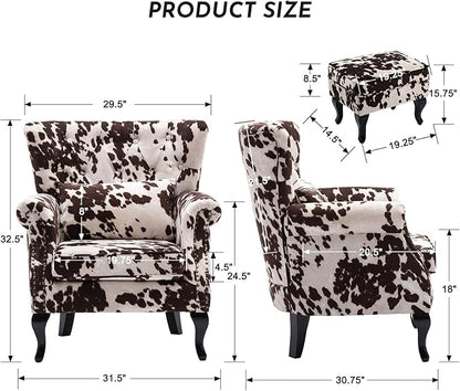 Accent Reading Arm Chairs with Ottoman Set of 2 for Living Room Bedroom, Midcentury Modern Corner Sofa Chair, Wingback Waiting Room Club Chair with Tufted Back &Lumbar Pillow, Fabric Cow