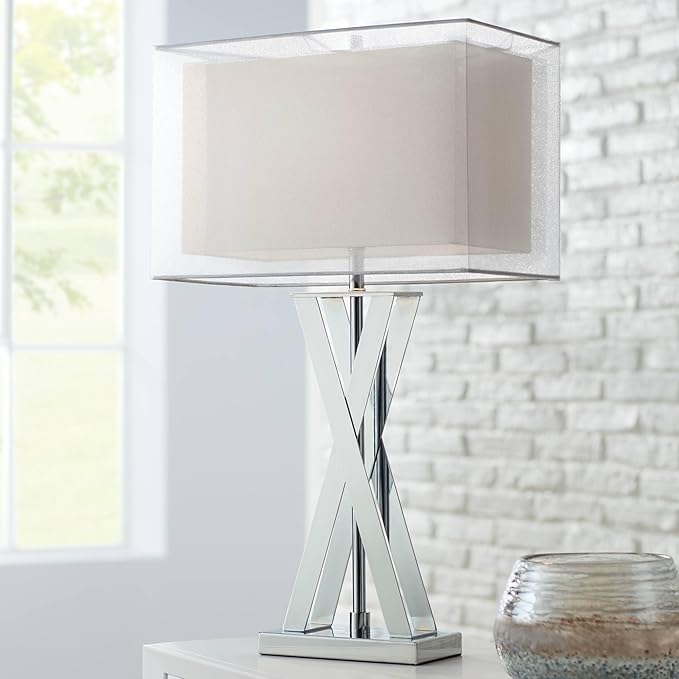 Possini Euro Design Proxima Modern Table Lamp 28" Tall Chrome Silver Crisscrossing Metal Sheer Outer White Inner Rectangular Shade for Bedroom Living Room House Bedside Nightstand Office Family