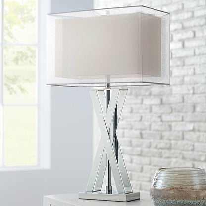 Possini Euro Design Proxima Modern Table Lamp 28" Tall Chrome Silver Crisscrossing Metal Sheer Outer White Inner Rectangular Shade for Bedroom Living Room House Bedside Nightstand Office Family