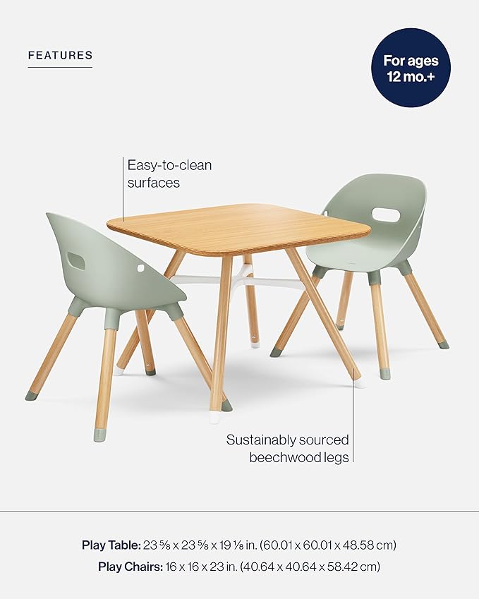 Lalo The Play Kit - Kids Table & Chairs Set with Sustainably Sourced Wood Table & 2 Non-Toxic Bucket Seat Chairs - Safe & Comfortable - Natural/Sage