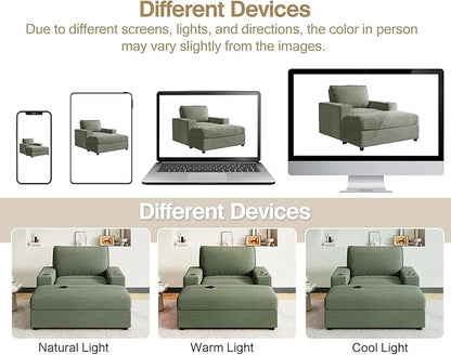 Christopher Knight Home Zoe Oversized Chaise Lounge Chair Indoor with Cup Holders & USB Charging Port, Corduroy Upholstered Sofa Bed + Ottoman with Storage, Comfy Deep Seat Sleeper Sofa Chair, Green