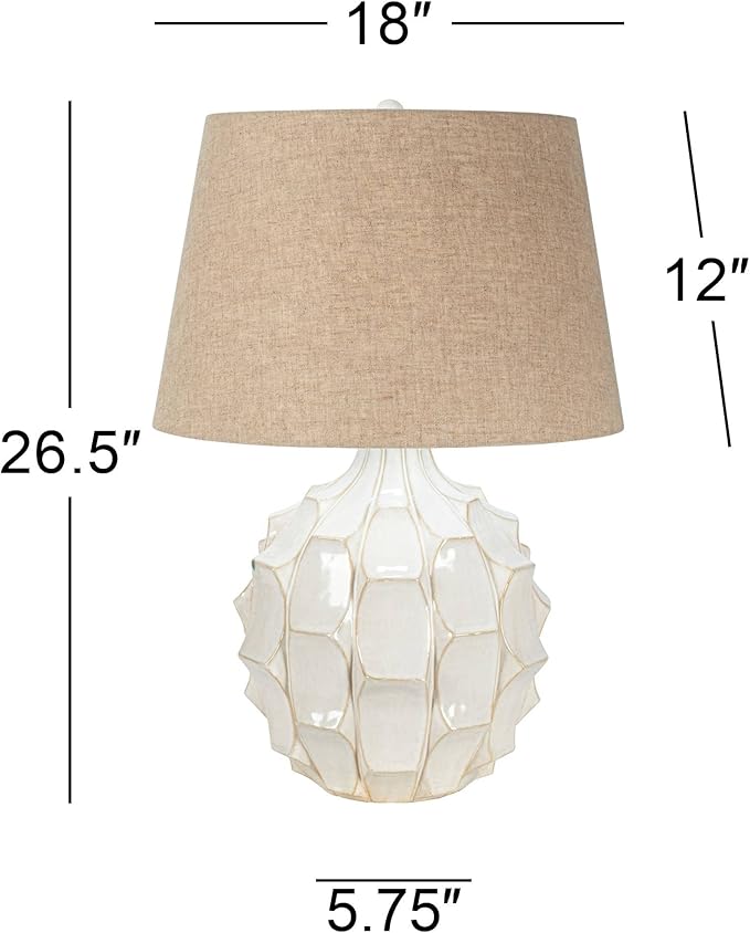 Possini Euro Design Cosgrove Mid Century Modern 3-Way Table Lamp with Table Top Dimmer 26.5" High White Glazed Ceramic Light Brown Linen Drum Shade for Living Room Bedroom House Bedside Nightstand