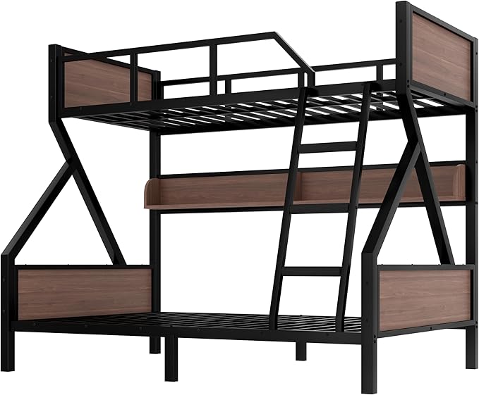 Bellemave Twin Over Full Bunk Bed with Storage Shelf and RGB LED Lights, Adults Bunk Bed with Angle Padded Ladder, Heavy Duty Bunk Beds with Noise-Reducing Rubber Stoppers, Black