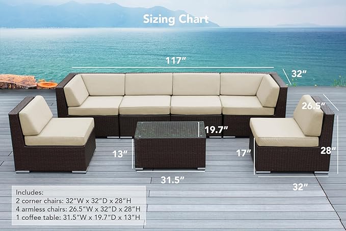 7-Piece Outdoor Patio Wicker Furniture Set, No-Assembly Sectional Sofa with Weather-Resistant Cushions, All-Weather Conversation Set (Supercrylic Gray)