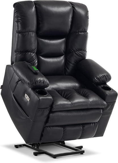 MCombo Large Triple Motor Power Lift Recliner Chair with Massage and Dual Heating, Adjustable Headrest for Tall Elderly People, Faux Leather 7634 (Black, Large)