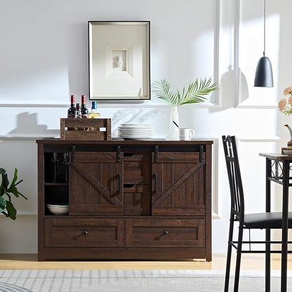 Farmhouse Dresser for Bedroom, 4 Drawers with Sliding Barn Door, 48" Wide 4 Chest of Drawers, Storage Organizer Dresser for Bedroom, Hallway, Living Room, Kids Room, Espresso