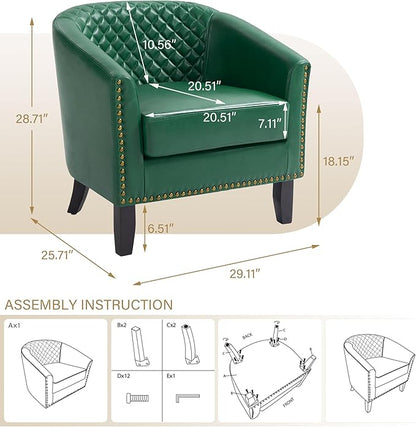 Pia Ricco Faux Leather Barrel Accent Chairs Set of 4, Modern Club Arm Chair Comfy Upholstered Single Sofa Chair with Solid Wood Legs and Nailhead Trim for Living Room/Reading Room, Green