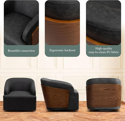Swivel Accent Chair Faux Leather Swivel Barrel Chair Comfortable Mid Century Modern Chair Upholstered Metal Base Armchair for Living Room Bedroom Office Large Vintage Black