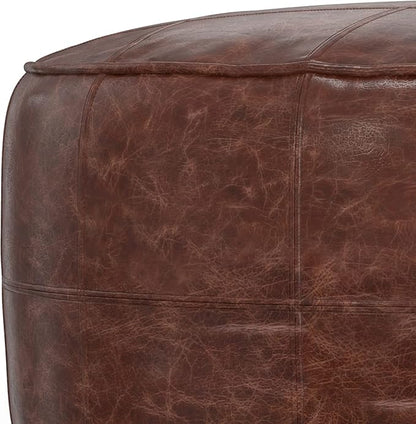 SIMPLIHOME Connor Boho Round 34 inch Round Coffee Table Pouf in Distressed Brown Genuine Leather for the Living Room, Bedroom and Kids Room