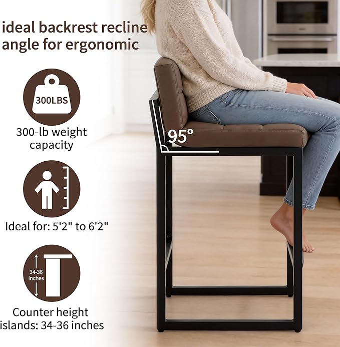 Counter Height Bar Stools Set of 2, Modern Faux Leather Counter Stools with Low Back and Footrest, Upholstered Bar Chairs for Kitchen Island (Coffee Brown, 2Pcs 26" Bar Stools)