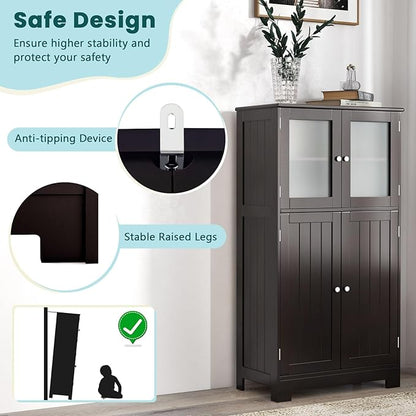 COSTWAY Bathroom Storage Cabinet, Wooden Linen Storage Organizer Cupboard with Doors & Adjustable Shelf, Freestanding Floor Cabinet for Living Room, Kitchen, Entryway, Office (Brown)
