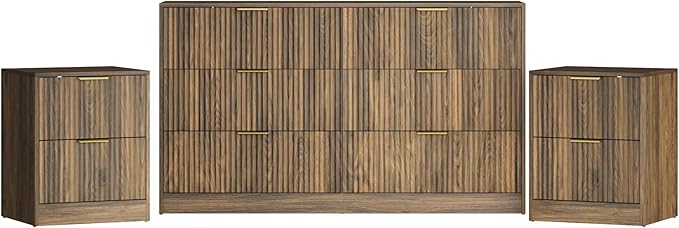 3-Piece Modern Bedroom Furniture Set, Wide 6-Drawer Dresser & 2-Drawer Nightstands Set of 2, Natural Wood Dresser and Nightstand Sets for Bedroom, Hallway, Walnut