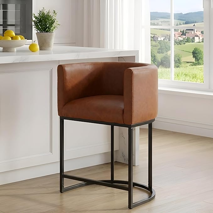 PU Leather Bar Stools, Modern Upholstered Counter Height Bar stools 24" Leather Barstools Barrel Kitchen Counter Island Stools with Black Metal Base, Brown