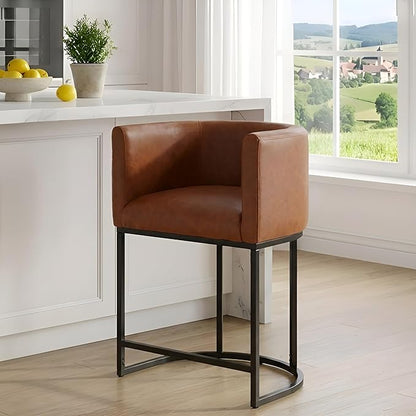 PU Leather Bar Stools, Modern Upholstered Counter Height Bar stools 24" Leather Barstools Barrel Kitchen Counter Island Stools with Black Metal Base, Brown