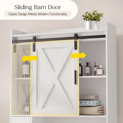MU Over The Toilet Storage Cabinet with Doors, 32" Bathroom Storage Organizer with Side Shelves, Space-Saving Toilet Storage Rack for Bathroom, Laundry (Sliding Barn Door)