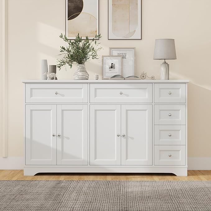 Giantex Large Buffet Cabinet with Storage, 59” Kitchen Cabinet with 4 Doors, 6 Drawers & 2 Adjustable Shelves, Modern Sideboard for Living Room, Coffee Bar, White