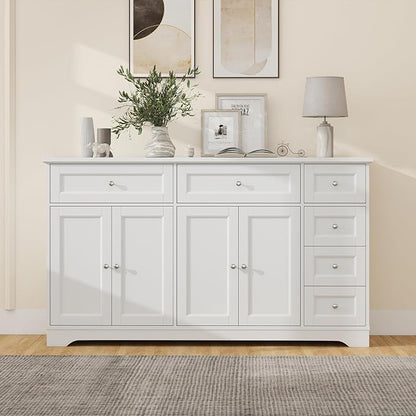 Giantex Large Buffet Cabinet with Storage, 59” Kitchen Cabinet with 4 Doors, 6 Drawers & 2 Adjustable Shelves, Modern Sideboard for Living Room, Coffee Bar, White