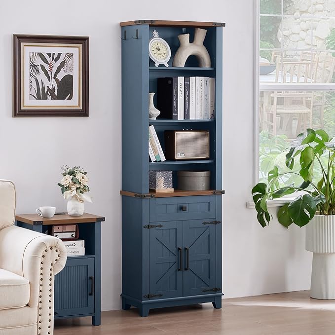 72in Tall Bookshelf 7 Tier Bookcase with Drawer and Barn Doors and Adjustable Shelves, Blue Farmhouse Book Shelf with Storage Cabinet, Wood Freestanding Display Bookshelves for Kitchen (3PCS)