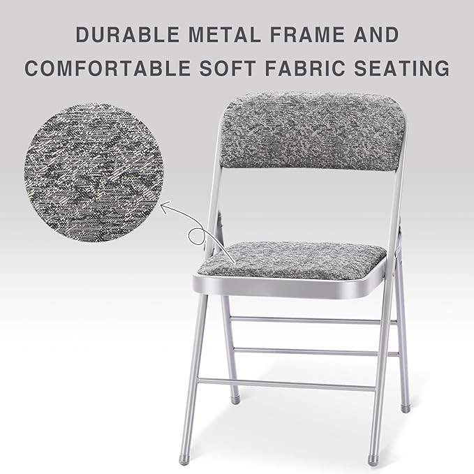 2 Pack Folding Chairs with Fabric Padded Cushion and Back, Commercial Grade Metal Chairs with Comfortable Fabric Cushion for Home and Office, for Indoor and Outdoor Events (2, Gray-Fabric)