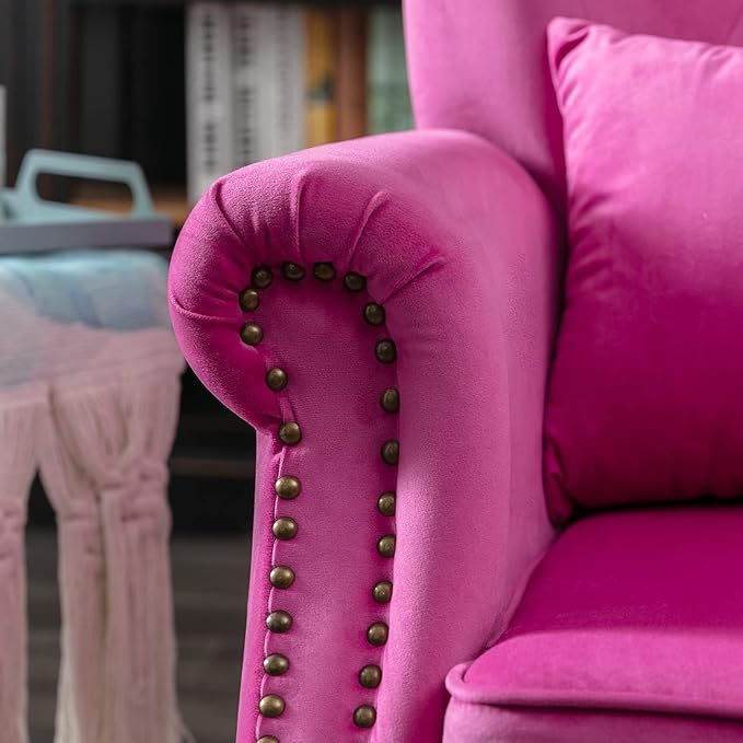 Accent Reading Arm Chairs for Living Room Bedroom, Midcentury Modern Comfy Corner Sofa Chair, Wingback Waiting Room Club Chair with Button Tufted Back &Lumbar Pillow, Velvet Rose