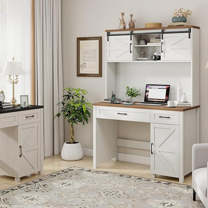 Farmhouse 47" Executive Computer Desk with 2 Drawers and Storage Cabinet, Home Office Desk with Hutch and Charging Station, Workspace for Work and Study (White&Brown).