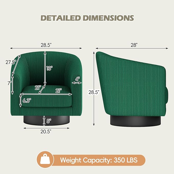360° Swivel Accent Chairs, Modern Bucket Chair, Corduroy Barrel Armchair, Comfy Boucle Chair, Single Sofa for Living Room Bedroom. Green