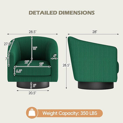 360° Swivel Accent Chairs Set of 2, Modern Bucket Chair, Corduroy Barrel Armchair, Comfy Boucle Chair, Single Sofa for Living Room Bedroom. Green